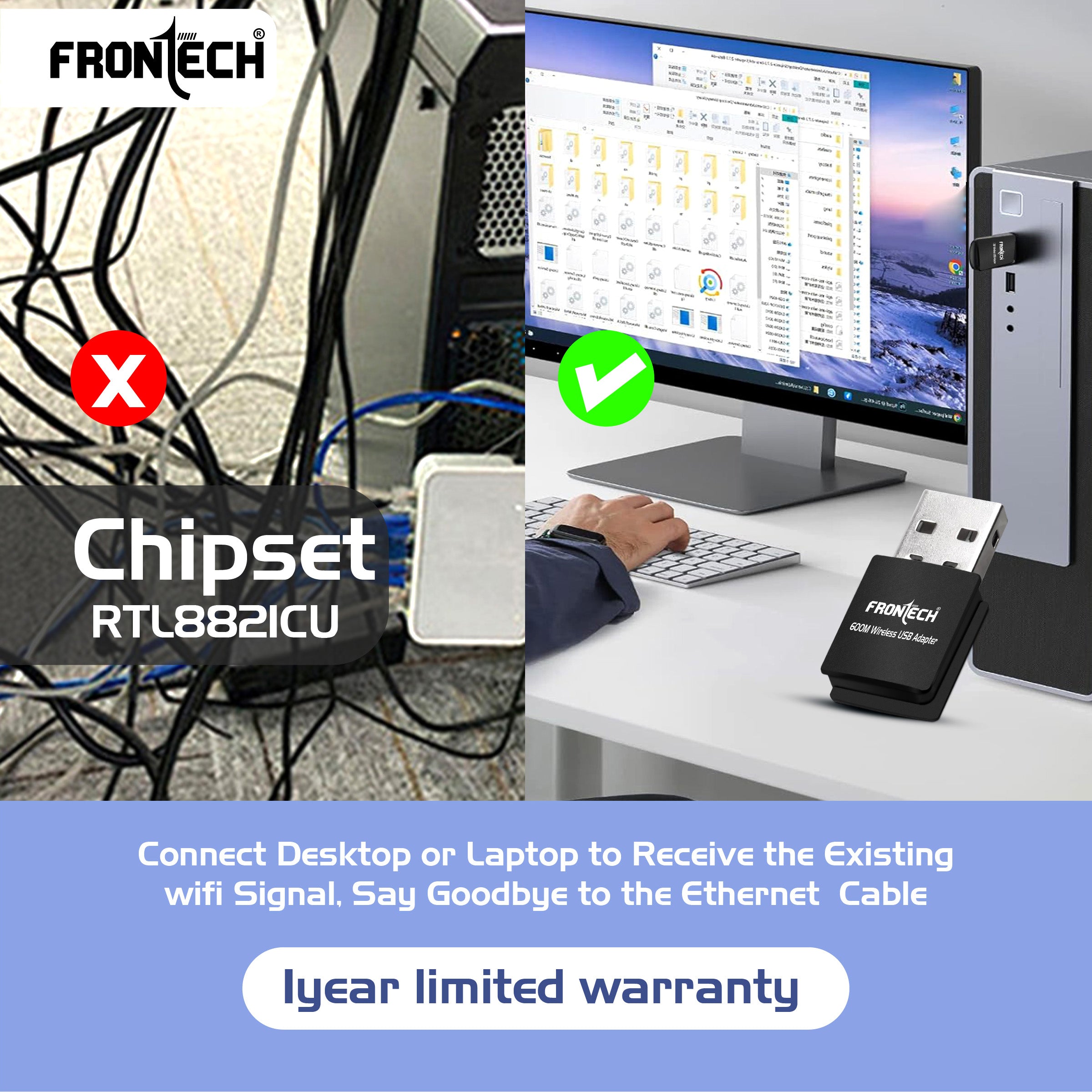 FRONTECH 600 Mbps USB Wi-Fi + Bluetooth Adapter | PC, Laptop | Dual Band (2.4GHz) | BT 4.2/2.1 | USB 2.0 | Wireless Network Card (Gaming, Work, Travel, Home) | Compatible with Windows 7/8/10/11/XP | WEP,WPA-PSK,WPA2-PSK Security | 10-20M Range (FT-0844) FRONTECH 600 Mbps USB Wi-Fi + Bluetooth Adapter | PC, Laptop | Dual Band (2.4GHz) | BT 4.2/2.1 | USB 2.0 | Wireless Network Card (Gaming, Work, Travel, Home) | Compatible with Windows 7/8/10/11/XP | WEP,WPA-PSK,WPA2-PSK Security | 10-20M Range (FT-0844)